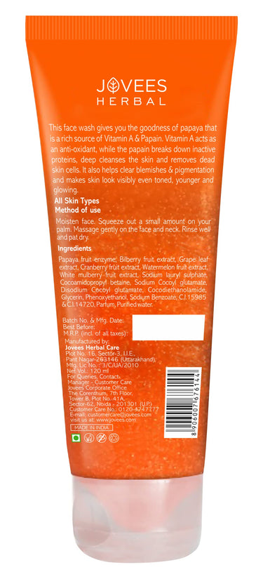 Jovees Herbal Papaya Face Wash For Glowing and Clear Skin with Papaya & Bilberry fruit Ext | Gentle Cleanser For Brightens Skin, Removes Pigmentation & Dark Spots | Suitable For All Skin Types - 120ML